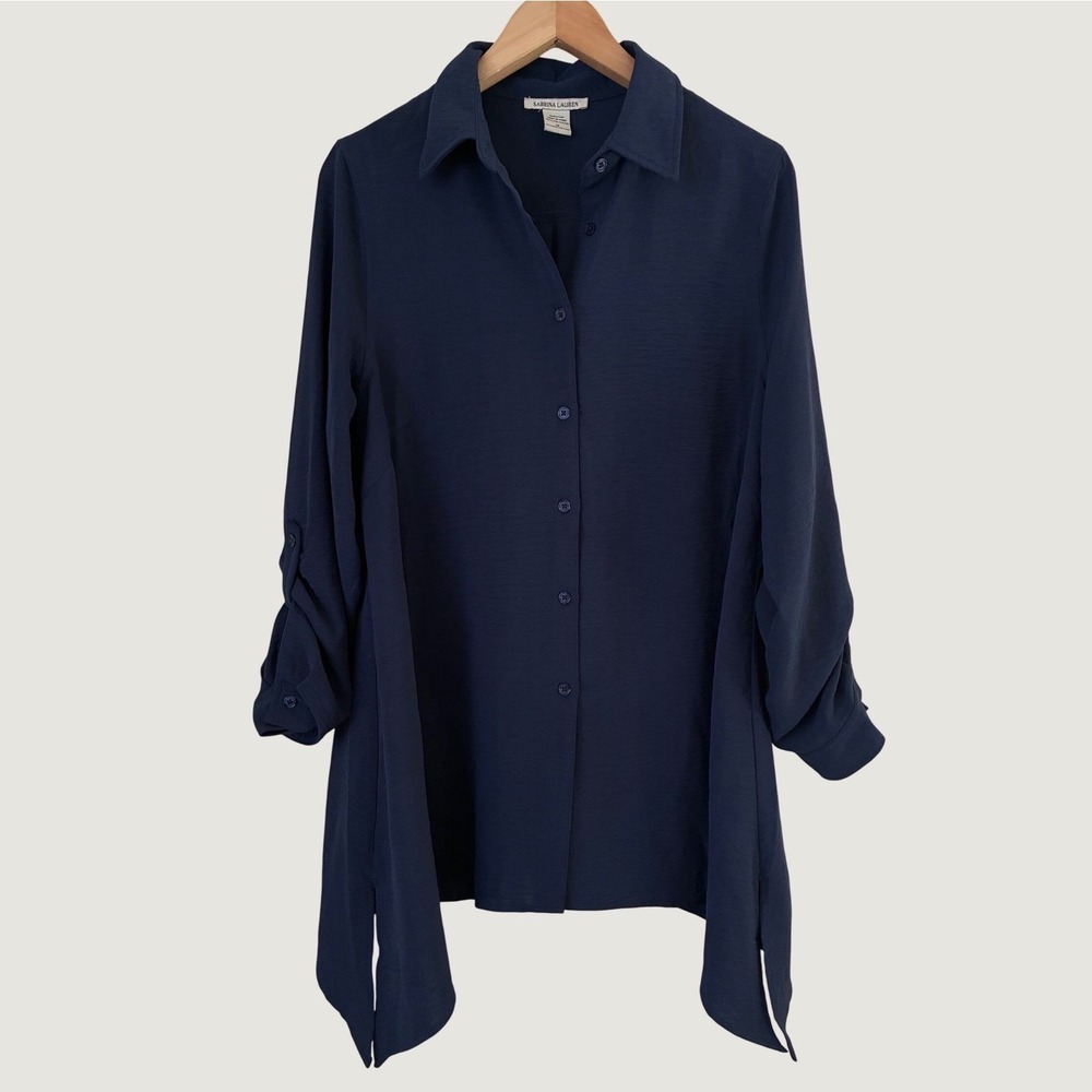Sabrina Lauren Fairycore Navy Blue Roll Tab Sleeve Button Down Tunic Blouse M